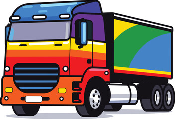 Fototapeta na wymiar Colorful cartoon delivery truck on white background. Bright semi truck for logistics and transportation. Cargo transport vehicle vector illustration.