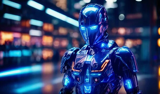 Futuristic cyber robot, powered by artificial intelligence AI, robotic science, and technology,Seamless 4K loop video.