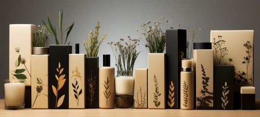 Packaging for cosmetics. Creative design of Eco-friendly packaging for natural beauty products. Horizontal photo. For banners, posters, advertising. - obrazy, fototapety, plakaty