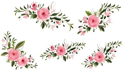 Spring sakura cherry blooming flowers bouquet. Isolated realistic pink petals, blossom, branches, leaves vector set. Design spring tree illustration,generative ai