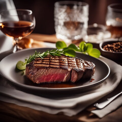 Grilled steak garnished with herbs served on a plate