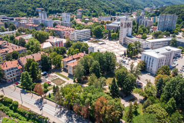 Fototapeta na wymiar Aerial view of city center and park in town of Gabrovo, Bulgaria