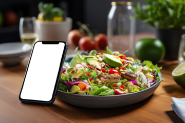 Equilibrio nutricional. Primer plano de plato de ensalada y vegetales con teléfono inteligente con pantalla vacía. Calorías y nutrientes para dieta y alimentación saludable.