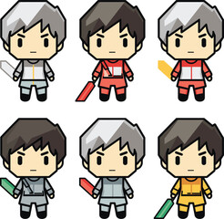 Six chibi style warriors with different armors and weapons. Cute anime fighter characters in various costumes. Warriors and role-playing game concept vector illustration.