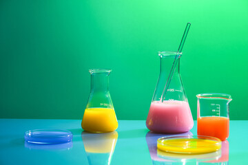 Laboratory experience and research concept with few conical flasks, petri dishes and a beaker of chemical liquid. Vacant space in the middle to show your cosmetic product