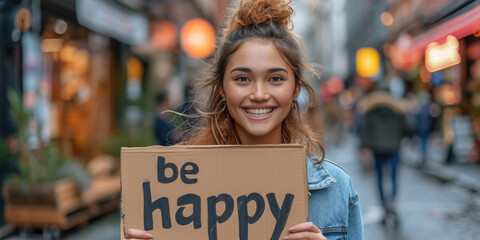 Frau mit Karton "Be Happy"