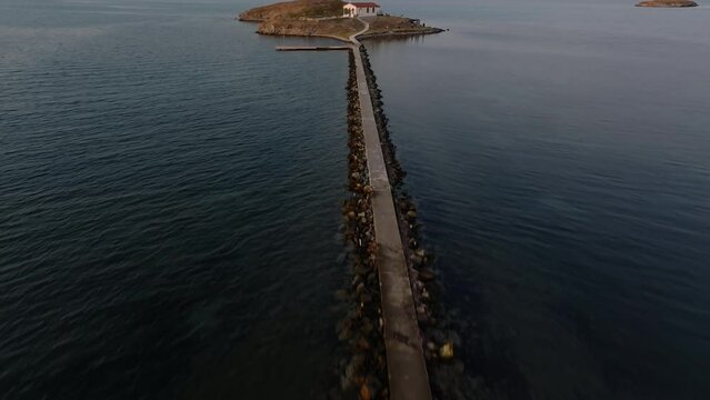 Long Narrow Walkway In Church Of Agios Nikolaos In Lemnos Island, Greece. Aerial Drone Shot