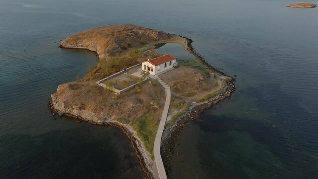 Ekklisia Agios Nikolaos Church In The Gulf Of Moudros In Lemnos Island, Greece. Aerial Drone Shot