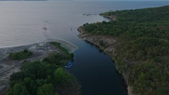 Fly Over Rivermouth Of Ropotamo Delta Nature Reserve In Primorsko, Bulgaria. Aerial Drone Shot