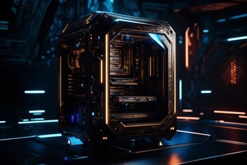 Obraz premium Futuristic computer technology with a laptop in neon colors. For cover backgrounds, wallpapers and other modern projects. Generative AI