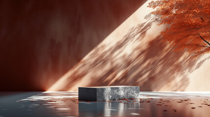Stone Slab Podium with Red Tree for Product Mockup Display  