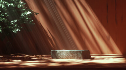 Stone Slabs Podium for Product Mockup Against Sunshade Shadows Against a Rusty Wall