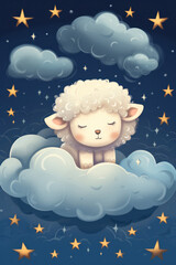 Obraz na płótnie Canvas Cute sheep sleeping on a cloud watercolor drawing. Generative AI