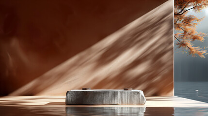 A Big Stone Podium for Product Mockup Against a Rusty Wall