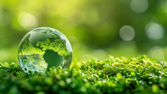 Crystal earth in green grass with sunlight, save the World Concepts