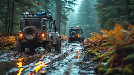 Off-road cars while driving in the mud, automotive hobby in the forest