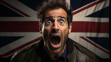 Man screaming in fear, great britain flag in background - obrazy, fototapety, plakaty