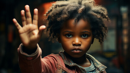 The child shows the STOP sign with his hand