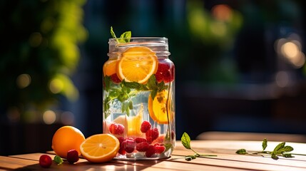 Detox water infused with fruits and herbs in a clear glass, emphasizing the hydrating and detoxifying properties of infused water.