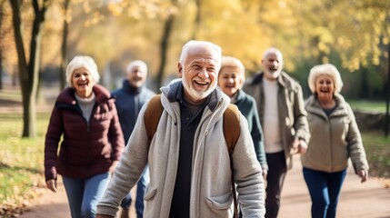 Energetic group of seniors power-walking in a scenic park, illustrating the camaraderie and cardiovascular benefits of group walking. - obrazy, fototapety, plakaty