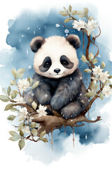 Cute baby panda cartoon in watercolor style. AI Generative