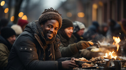 Poor homeless men eating together outside, charity - obrazy, fototapety, plakaty