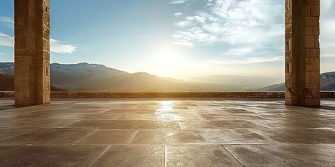 Expansive horizon. Captivating square composition of sunset sky empty stone road and modern cityscape embracing beauty of nature and urban architecture