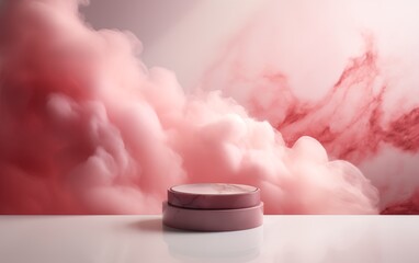marble pink round pedestal on a white surface for promotional products, against a background of pink smoke, a layout with an empty space for your design