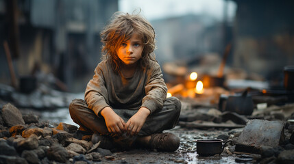 Desolate child sitting alone, experiencing sadness and hopelessness