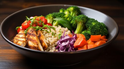 Nutritious quinoa bowl with a variety of vegetables and lean proteins, highlighting the health-conscious and balanced nature of a quinoa-based meal.