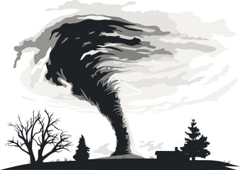 Black and white tornado vector illustration, intense storm over trees and a house. Disaster, emergency concept. Nature s fury and catastrophic event vector illustration.
