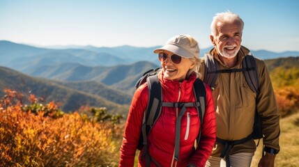 
Senior couple hiking amidst beautiful landscapes, showcasing the tranquility and rejuvenation of nature-focused travel for older adults.