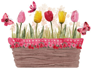 Easter basket with flowers and rabbit's ears. PNG transparent digitally hand painted illustration