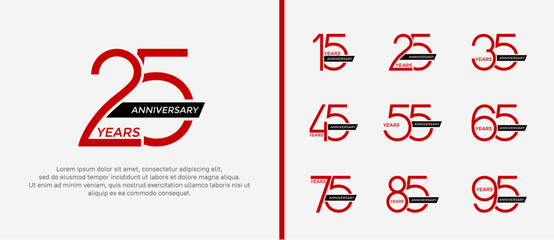 set of anniversary logo red color and black ribbon on white background for celebration moment