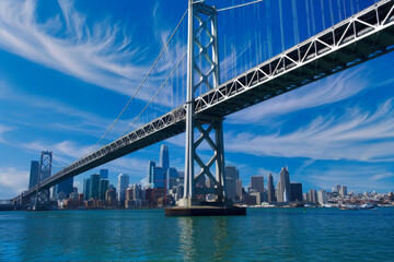 Fototapeta na wymiar Daytime View of Bay Bridge and San Francisco Skyline Under Cirrus Clouds