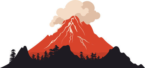 Erupting volcano with smoke and lava flow in nature scene. Volcanic eruption with ash cloud, nature disaster concept. Landscape disaster, dangerous volcano eruption vector illustration. - obrazy, fototapety, plakaty