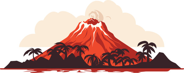 Erupting volcano with lava flow and palm trees. Natural disaster volcanic eruption with smoke clouds vector illustration.