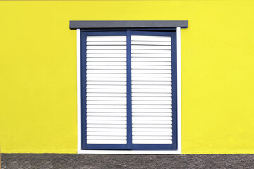Window shutters background. Empty copy space home wall. Architecture texture. Window frame solated on yellow house wall facade. Wooden stripes window cover. European architecture background.