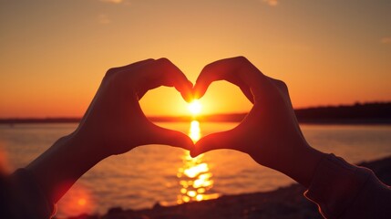 Summer travel vacation holidays relax concept background - Female hands in the shape of a heart with sunlight shining through the hands, sunset, sunrise at the ocean beach