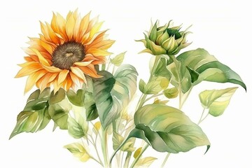 Two sunflowers in watercolor style with green leaves on a white background. Generative AI