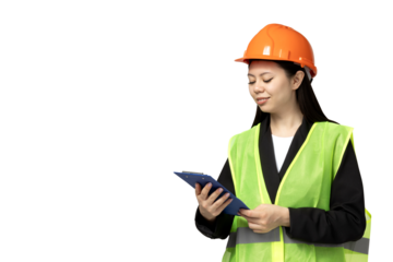 PNG, Asian girl in the role of construction worker, isolated on white background.