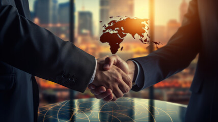 Business handshake in backdrop of rising economic growth and global business development charts