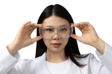 PNG, asian girl chemist lab assistant, isolated on white background.