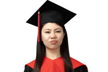 PNG Asian girl in university graduate uniform isolated on white background.