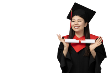 PNG Asian girl in university graduate uniform isolated on white background.