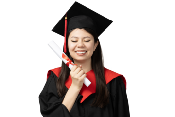 PNG Asian girl in university graduate uniform isolated on white background.