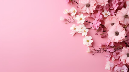 Fototapeta na wymiar Bouquet of beautiful flowers on pink background, top view. Space for text