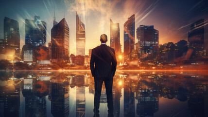 Fototapeta na wymiar close up double exposure image of the business man standing back during sunrise overlay with cityscape image. The concept of modern life, business, city life and internet of things