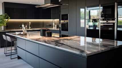 Front view of a modern designer kitchen with smooth handleless cabinets with black edges, black...