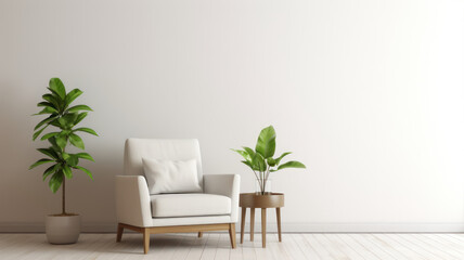 Modern minimalist interior with an armchair on empty white color wall background - obrazy, fototapety, plakaty